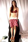 Asian first timer Mai exposing tiny breasts in plaid mini skirt