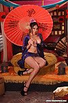 Exotic high heeled asian Nautica Thorn  poses with red umbrella and shows her private parts