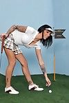 Tattooed round titted golf player Juelz Ventura in extreme mini skirt acquires boned
