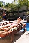 Taut wet girl Tanner Mayes undresses off her bikini and rides on Master of dick beside the pool