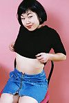 Chinese young Junko folds previously labia lips of hairy cunt after petticoat removal