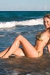 sexy bodied Langbenige model Anita donker in Bikini houdingen op De strand :Door: De zee
