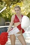 Lexi Belle takes off her red and white latex cheerleader uniform then takes big cock from your POV
