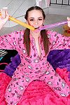 Small titted brown haired cutie Tori Black takes off her pink pajamas and white panties
