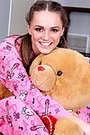 Small titted brown haired cutie Tori Black takes off her pink pajamas and white panties
