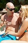 Bikini blonde Vanessa Cage with juicy tits and bald pussy gets slam fucked by the pool