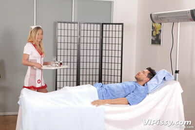 Teen nurses Sicilia & Maggy full around pee games during a Threesome with a stallion patient