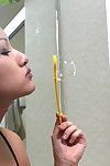 Oriental principal timer Jade sucking bubbles during exhibiting neatly trimmed pussy