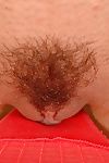 Whimsical and undevious brunette teen fro small natural tatas is masturbating her hairy cunt on the sofa